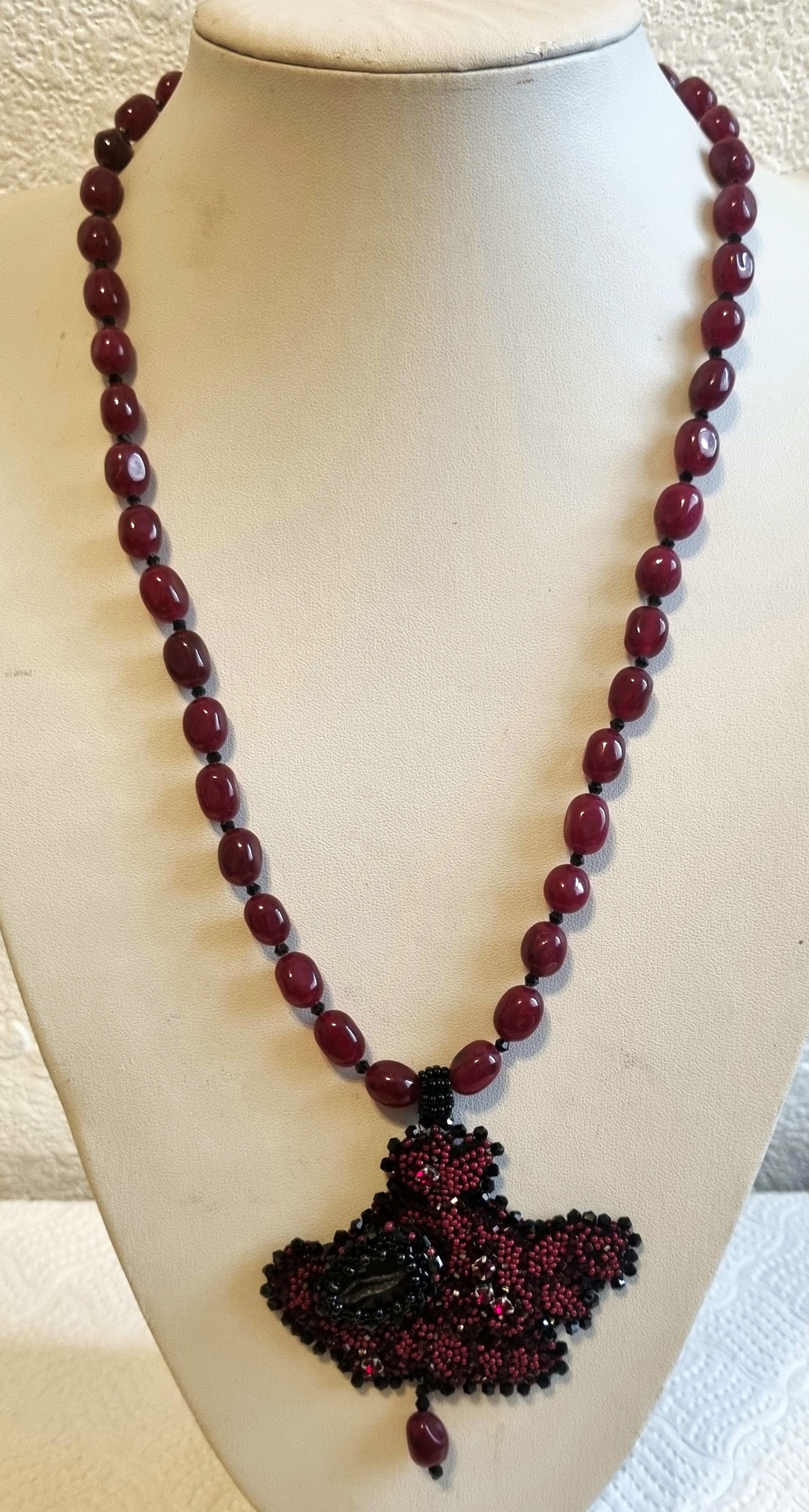 Handcrafted Red Beaded Necklace with Intricate Statement Pendant