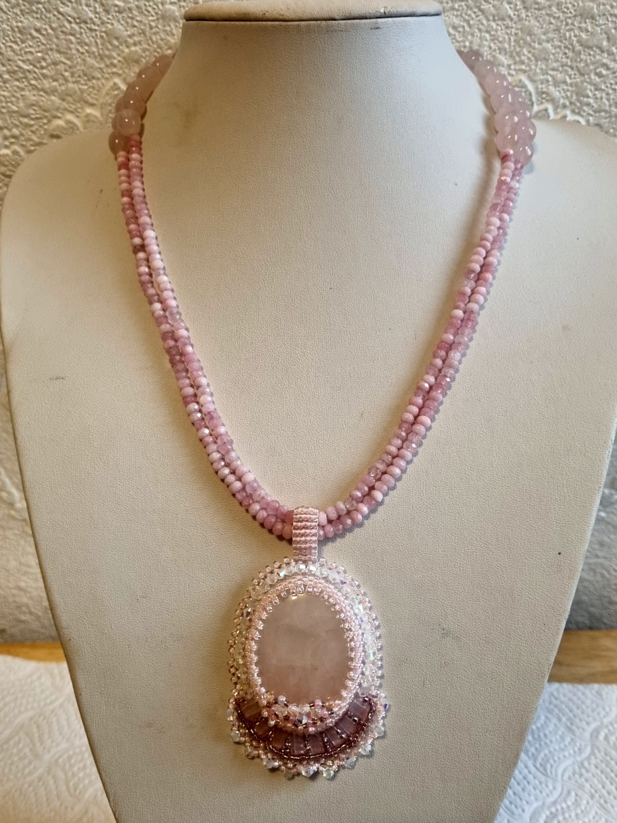 Handcrafted Rose Quartz Beaded Necklace with Statement Pendant