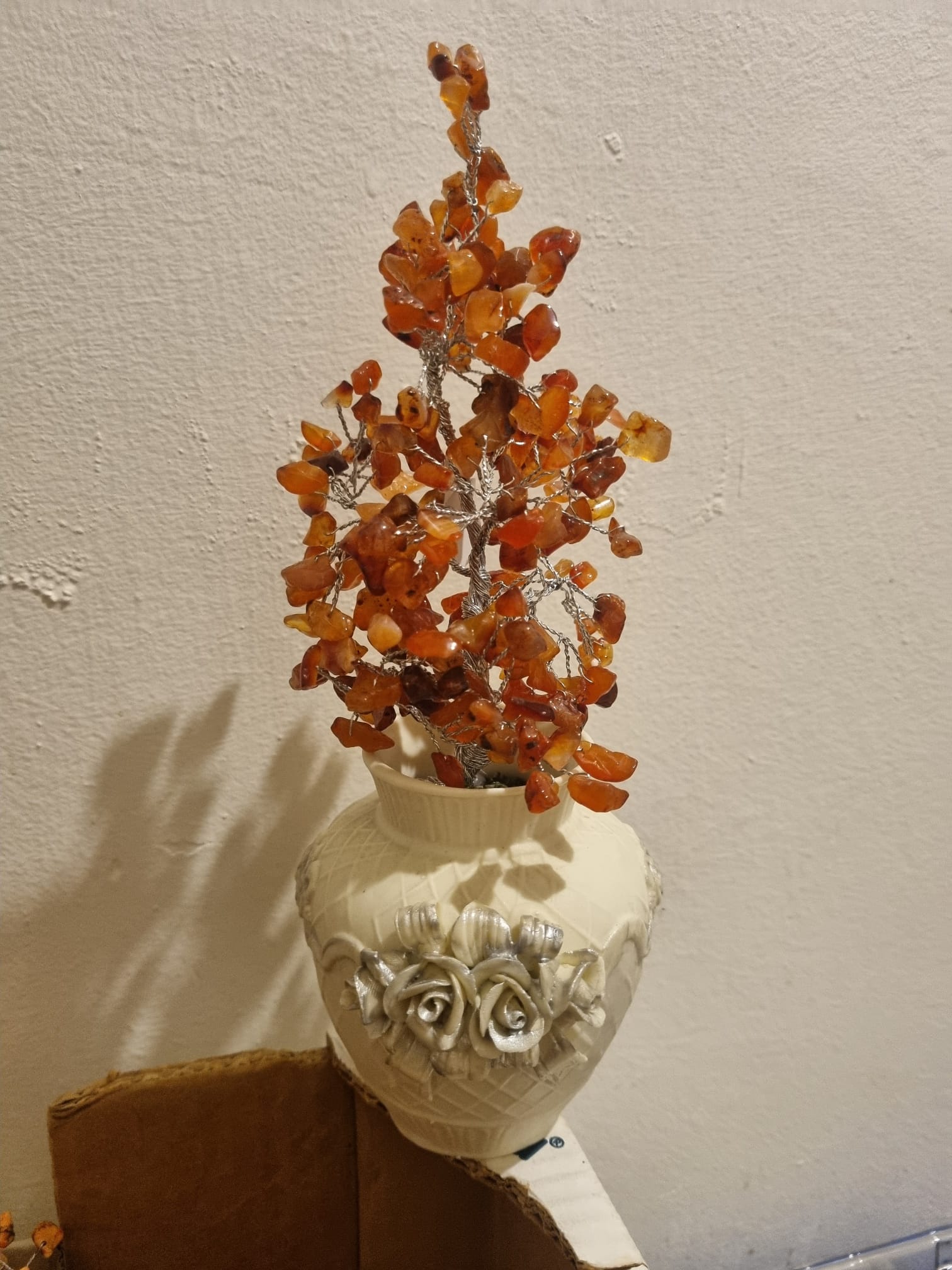 Carnelian gemstone chips beads in Ceremic planter with Roses painted silver